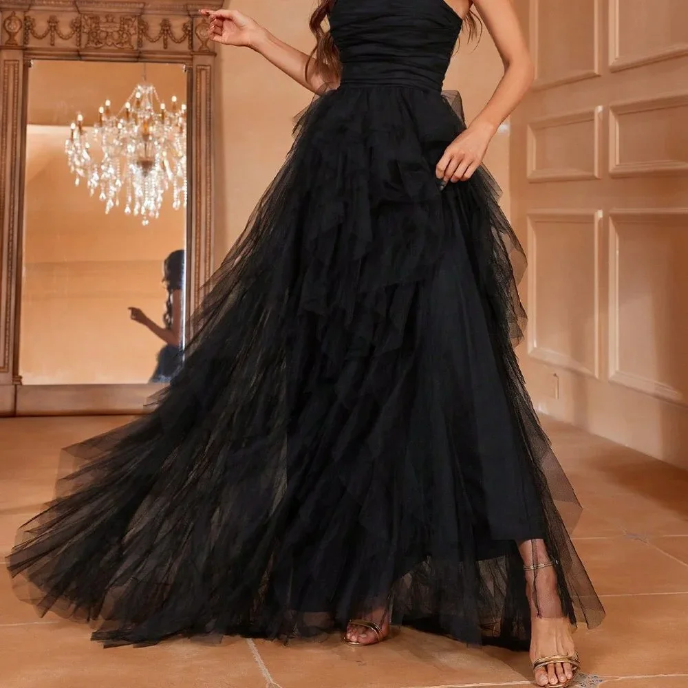 Black Preppy Womens Solid Ruched Tube Wedding Dress - Picture 5 of 5